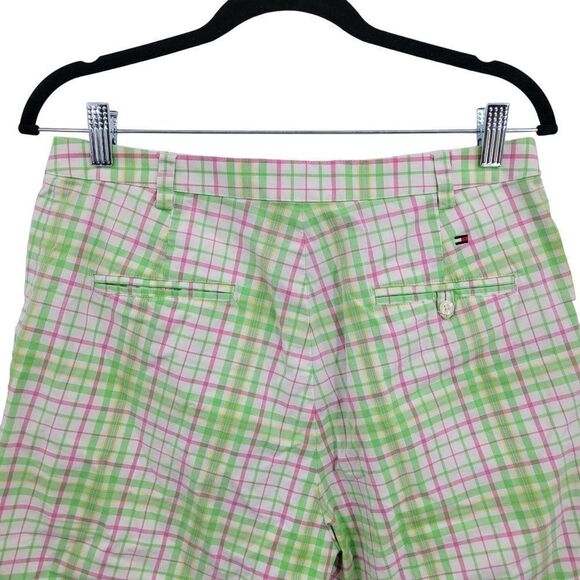 Tommy Hilfiger Golf Shorts 8 Green Pink Plaid High-rise Bermuda Tee Holder - Picture 9 of 13